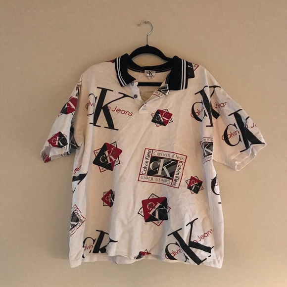 Vintage Calvin Klein Collared Graphic Tee Button - Picture 1 of 7